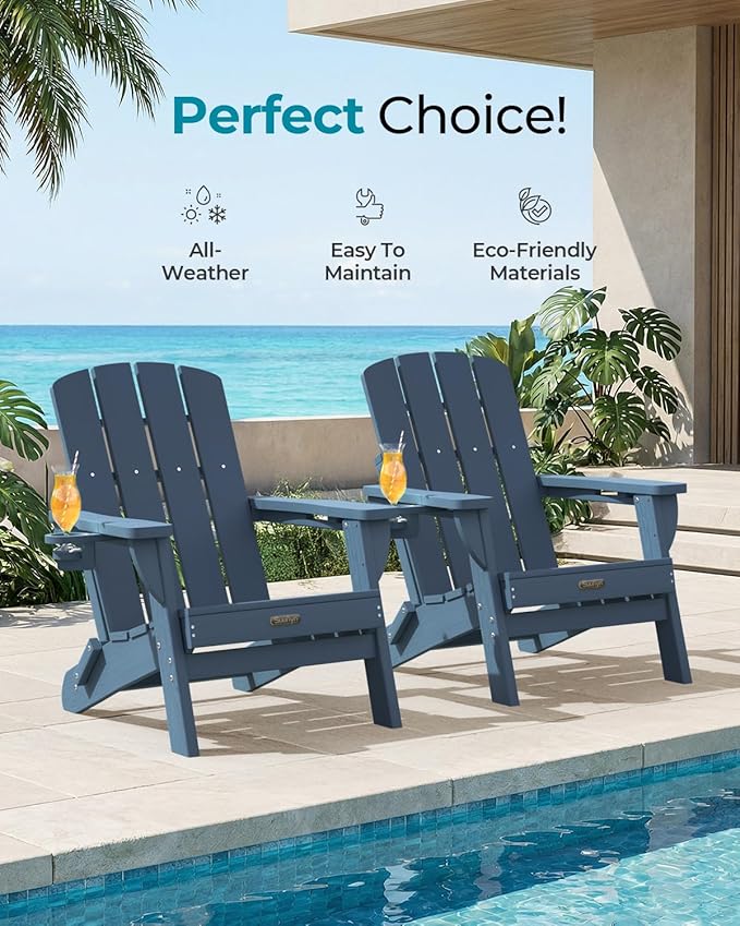 Folding Adirondack Chair 6 Pack, HDPE All-Weather Fire Pit Chairs, Plastic Adirondack Chairs with 2 Cup Holder, Outdoor Lawn Chair for Patio Garden (New Blue)
