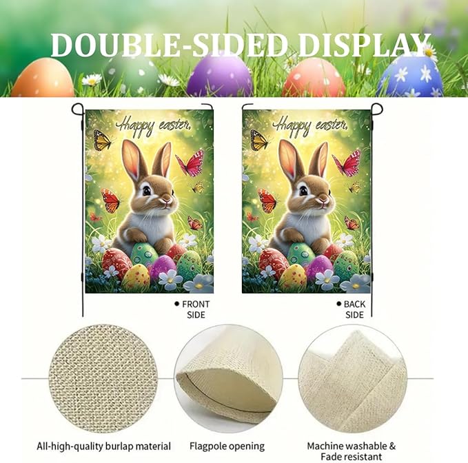Happy Easter Garden Flag 12x18 Double Sided, Small Burlap Floral Butterfly Eggs Bunny Garden Flags Easter Holiday Outdoor Yard Decorations