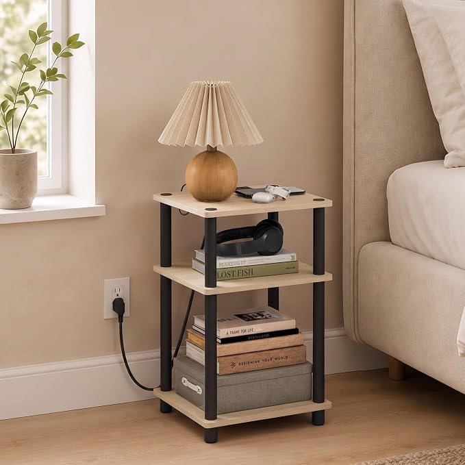 Furinno Just 3-Tier Night Stand with Charging Station, Natural Oak