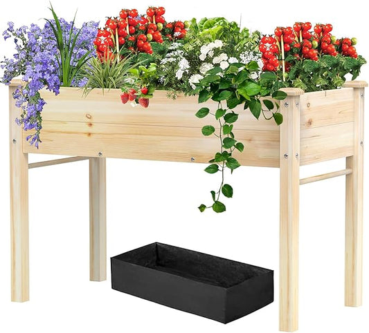 48x24x31IN Elevated Wooden Raised Garden Bed with Legs, Reinforced Large Planter Box for Vegetable Flower Herb Outdoor, Standing Growing Bed forGardening/Backyard/Patio/Balcony, Liner Included