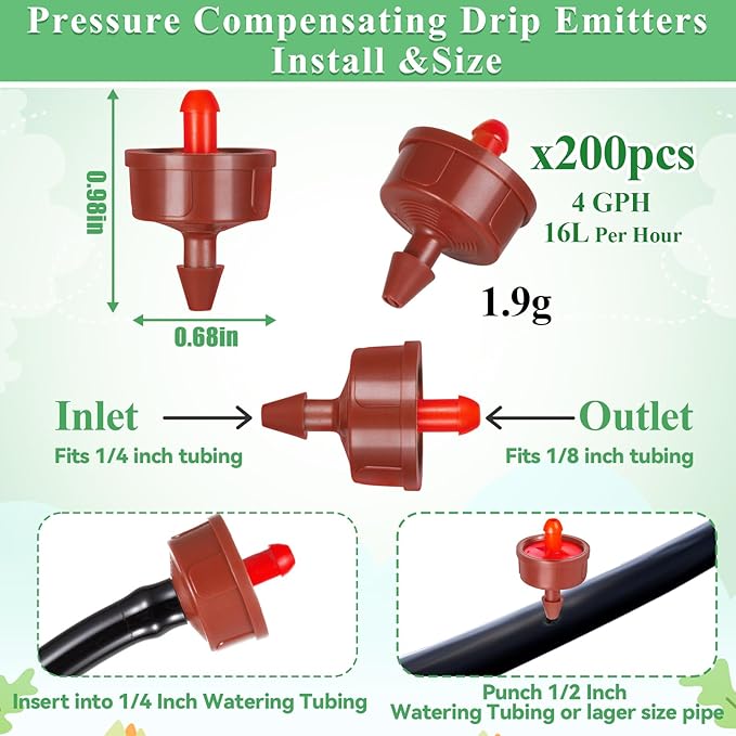 200Pcs 4 GPH Pressure Compensating Irrigation Drippers, Watering Spot GPH Dripper Drip Emitters Heads Constant Flow Outlet Heads for 1/4 Inch Irrigation Tubing for Garden Irrigation System