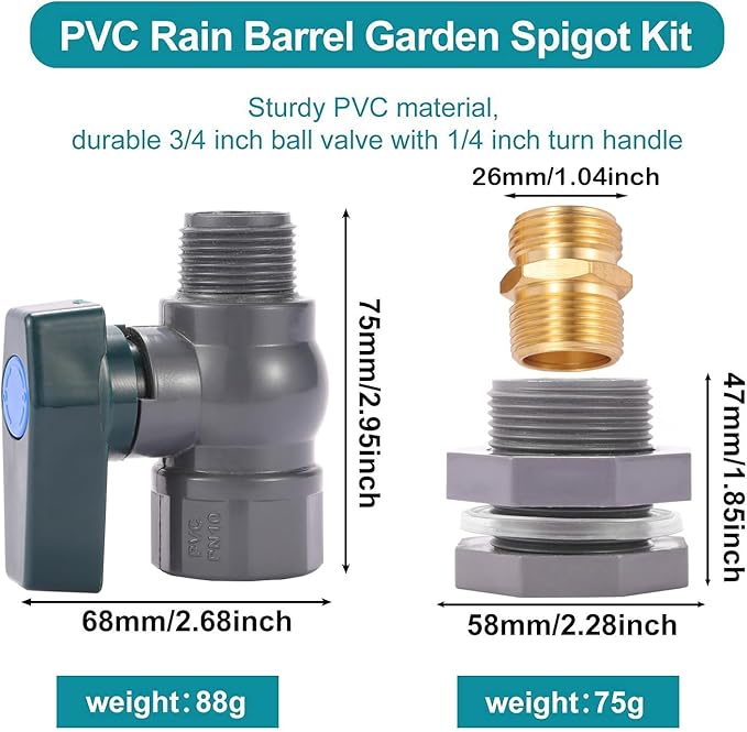 2 Set 3/4 Inch Rain Barrel Spigot Kit - BILAL Water Barrel PVC Garden Diverter Kit with Bulkhead Fitting Hose Faucet Adapter and Thread Seal Tape for Water Tanks, Aquariums, Tubs, Pool, Garden Barrel
