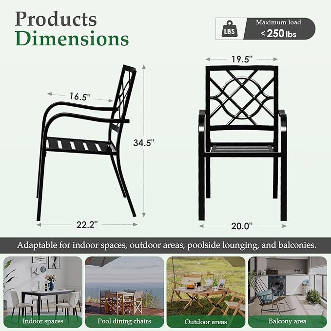 Crownland Patio Wrought Iron Dining Chairs Set of 2, Outdoor Bistro Stackable Metal Chairs with Armrests for Garden, Poolside, Backyard (Black)