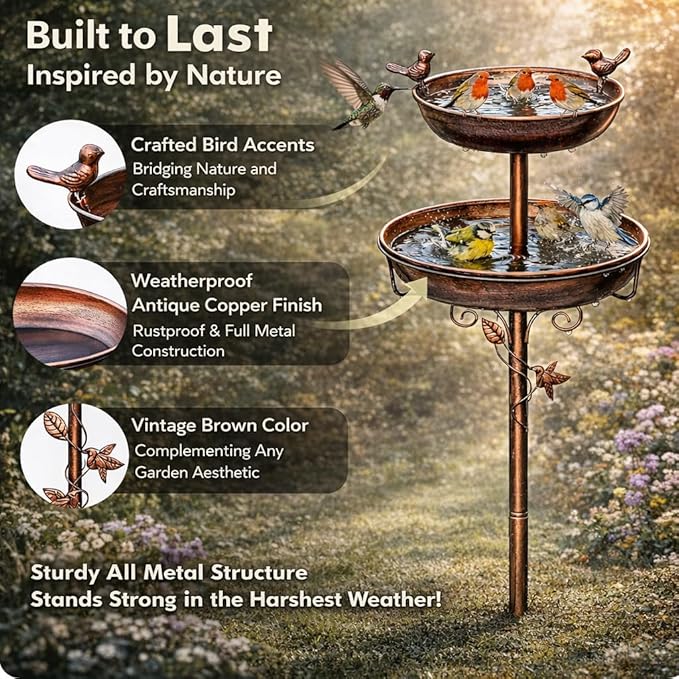 Bird Bath for Outside, 46In Vintage Freestanding Birdbaths with 2 Bird Decor, Double Metal Bird Bath Feeder Bowls Detachable for Garden Patio Yard Lawn Decor Upgraded 5-Pronged Base (Antique Bronze)