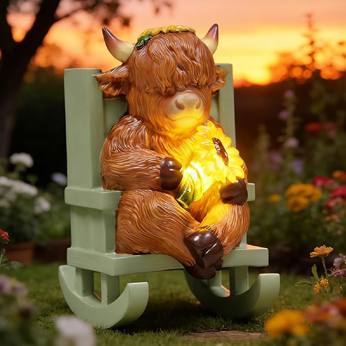 Sheaifun Solar Garden Statues Highland Cow Garden Decor Resin Highland Cow Statue with Light Animal Figurine Outdoor Yard Patio Lawn Decoration Housewarming Gardening Gifts for Women 3.5 * 5 * 6.5 in