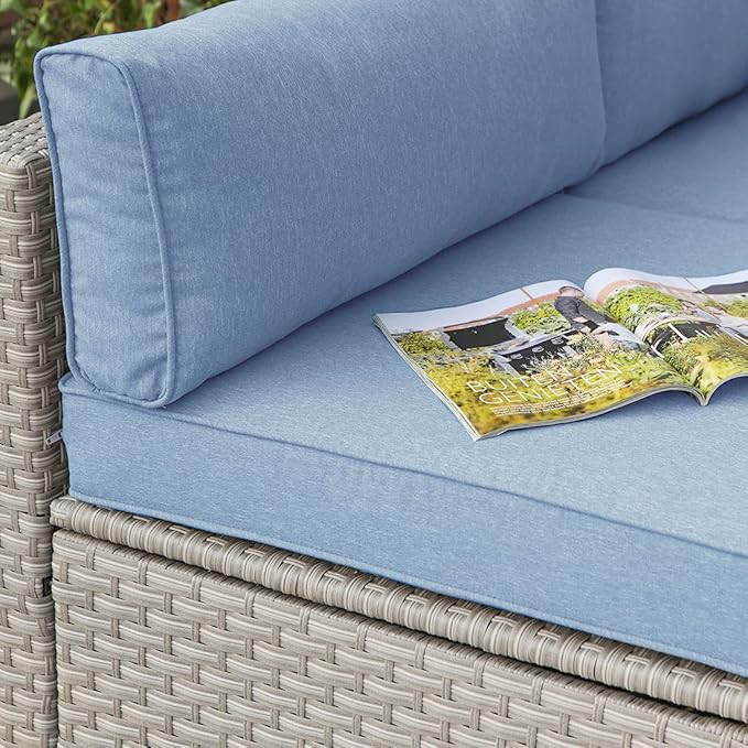 COSIEST 2-Piece Outdoor Furniture Add-on Armless Chairs for Expanding Wicker Sectional Sofa Set w Denim Blue Thick Cushions, 2 Stripe Woven Pillows for Garden, Pool, Backyard