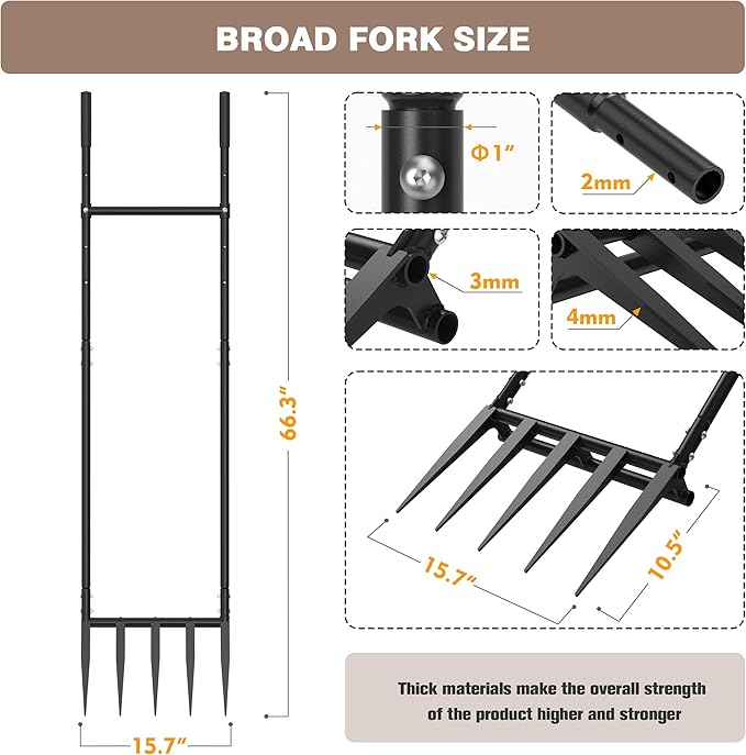 5 Steel Tines 15 in Wide BroadFork Garden Tool, 55 inch Heigh Durable Handles, Ergonomic U-Shaped Design, Black Hand Tiller Broad Fork Great for Farm and Garden, Digging Crushing Aerate Soil