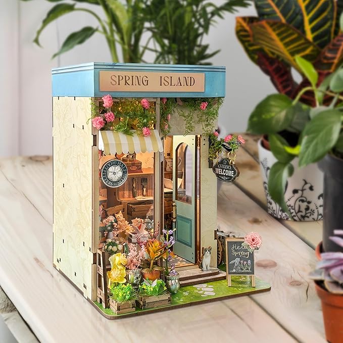Book Nook Kit - DIY Miniature House Kit for Adults, Teens & Beginners, Spring Flower Shop Dollhouse Booknook Tiny House Bookshelf Decor 3D Wooden Puzzle, Gifts for Family, Friends