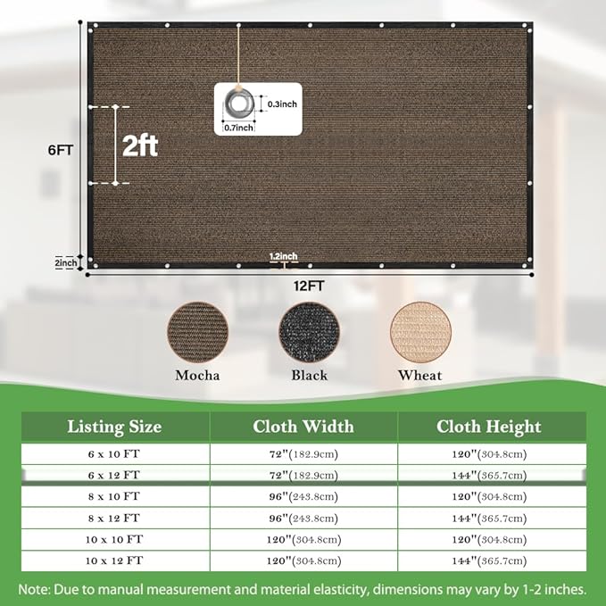 SEEYE 90% Sun Shade Cloth, 6 x 12 FT Durable Privacy Screen Shade Cover, Pergola Shade Cover with Grommets, UV Block Mesh Tarp for Plant Cover, Greenhouse, Patio, Chicken Coop, Balcony, Mocha