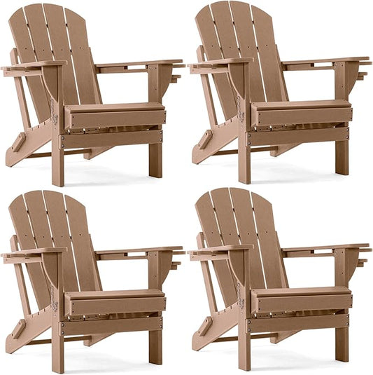 Folding Adirondack Chair, HDPE Outdoor Texture Lawn Chair with Reclining Back, Cup and Phone Holder - Comfortable Firepit Chair Weather Resistant for Patio or Backyard (Brown, Set of 4)
