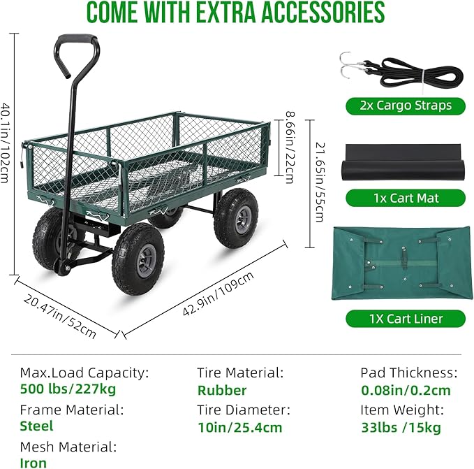 GarveeLife Heavy Duty Steel Garden Cart Folding Utility Wagon with Removable Cart Liner, 500 LBS Capacity