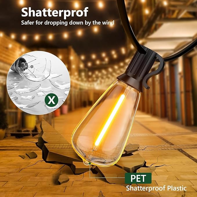 50FT Outdoor String Lights, Waterproof Patio Lights with Shatterproof ST38 Vintage Edison Bulbs, Connectable Outside Hanging Lights for Backyard, Porch, Deck, Balcony, Garden, 2500K Dimmable