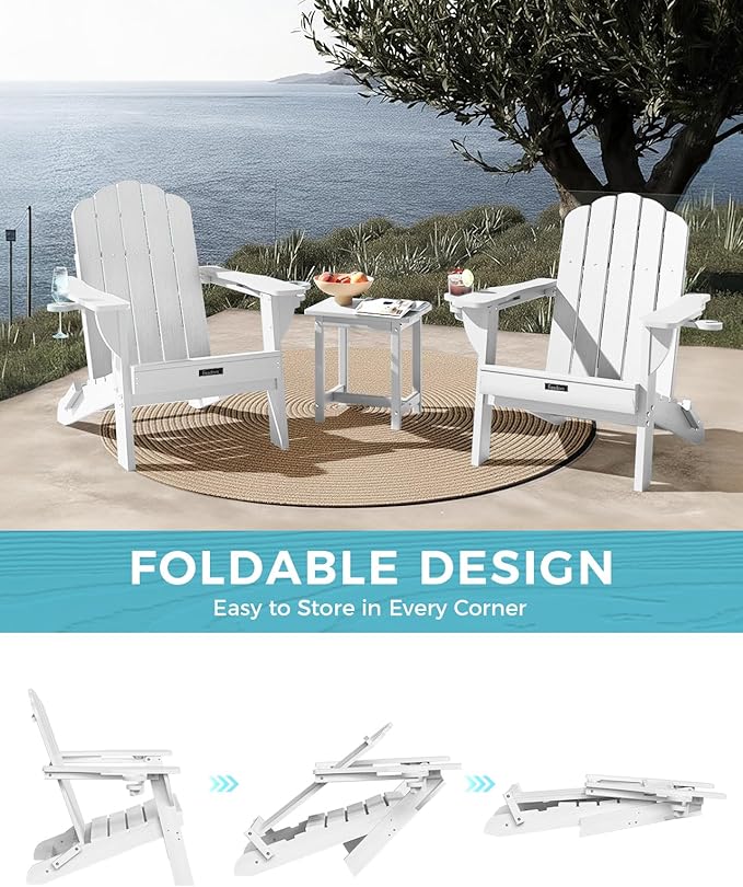 Adirondack Chairs Set of 4, Patio Chair, HDPE Fire Pit Chairs, Plastic Adirondack Chairs with 2 Cup Holder, Outdoor Lawn Chair for Patio Garden, White
