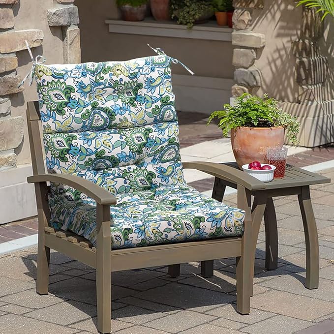 Magpie Fabrics Indoor Outdoor Tufted High Back Chair Cushion Set of 2, Waterproof All-Weather Deep Seating Rocking Chair Patio Garden Chaise Lounge Sun Lounger Chair Cushions(Botanical Blue Green)