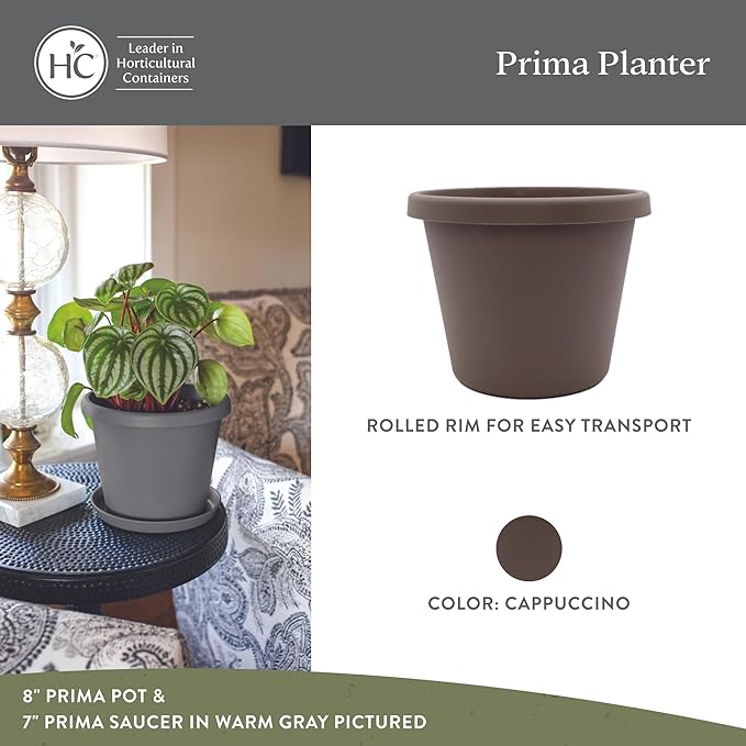 The HC Companies 8 Inch Prima Round Planter Pots with Drainage Holes and Rolled Rim, Lightweight UV-Resistant Plastic Indoor & Outdoor Planters, 4-Pack Flower Pots for Garden & Home Decor, Cappuccino