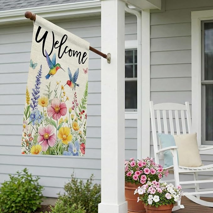 CROWNED BEAUTY Spring House Flag Floral Hummingbirds Double Sided 28x40 Inches Large Burlap Welcome Holiday Seasonal Yard Decoration for Outside Porch