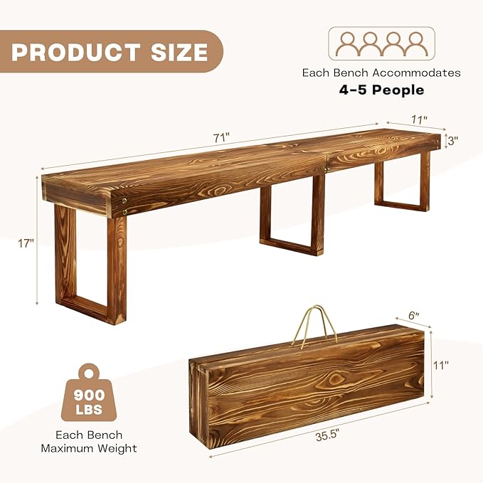 6Ft Outdoor Solid Wooden Bench, 71" Porch Bench Outdoor Backless Garden Bench, Long Outdoor Narrow Wood Bench for Deck Patio Entryway,Bears 900 pounds