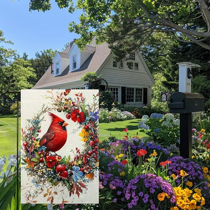 Spring Summer Cardinal Bird Garden Flag 12x18 Inch Double Sided, Floral Welcome Yard Decor, Farmhouse Outdoor Flag