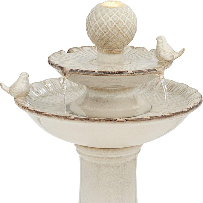Bathing Bird 26 3/4" High Large Italian Outdoor Cottage Core Decor Cream Ceramic Floor Fountain with Light LED Waterfall 2-Tier Standing Basin Water Feature for Outside Garden Patio - John Timberland