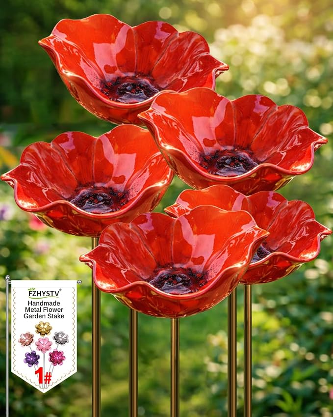 Metal Flower Garden Stakes Bird Bath Bowl, Handmade Resin Hummingbird Bath Cup, Pollinator Watering Station with Tall Fountain, Weather-Resistant Bee Butterfly Puddler Decor for Outdoor Lawn Yard (5)