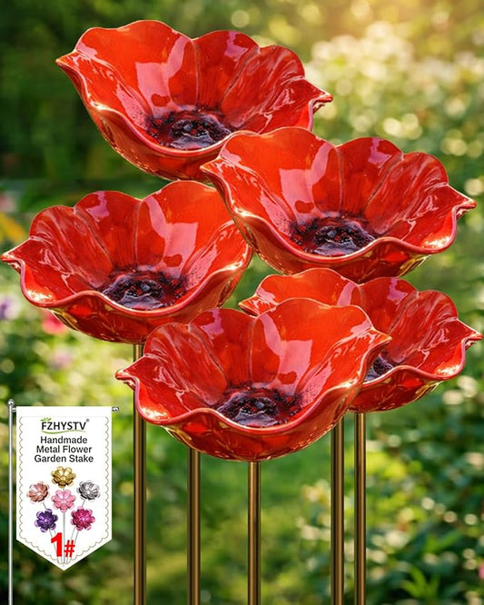 Metal Flower Garden Stakes Bird Bath Bowl, Handmade Resin Hummingbird Bath Cup, Pollinator Watering Station with Tall Fountain, Weather-Resistant Bee Butterfly Puddler Decor for Outdoor Lawn Yard (5)