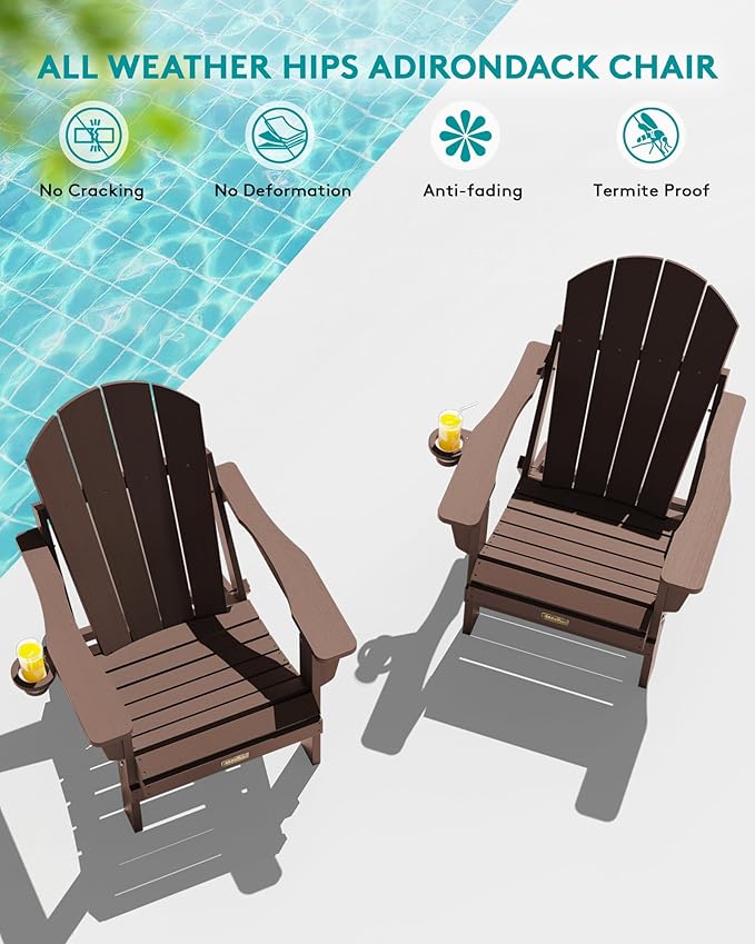 SERWALL Folding Adirondack Chair Set of 4, Weather Resistant HIPS Patio Chairs with Cup Holder for Garden Outdoors Fire Pit- Coffee