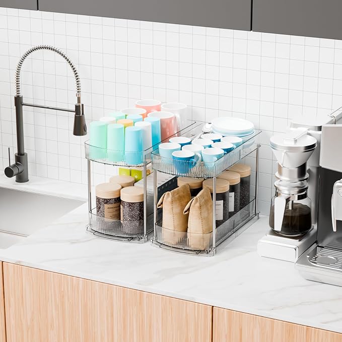 2 Pack Large Pull Out Bathroom Organizers and Storage,2 Tier 12.8″ Tall Sliding Kitchen Under Sink Organizer for Cleaning Products Storage,Acrylic Clear Bathroom inder Sink Organizer,Undersink Storage