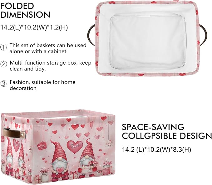 Happy Valentine’s Day Pink Storage Basket with Waterproof Liner and PU Handles Love Heart Gnomes Gift Storage Bins Boxes 14.2" Collapsible Decorative Organizer Baskets for Bedroom Closet Office 1 Pack