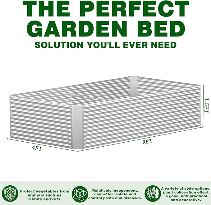 2 Pcs 8 x 4 FT x 1.5 FT Galvanized Steel Raised Garden Bed – Outdoor Planter Box for Root Vegetables, Herbs & Flowers, Large Metal Garden Beds for Backyards, Terraces and Balconies