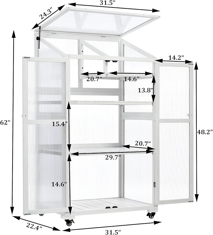 62'' H Wood Greenhouse for Outdoors, Portable Cold Frame Greenhouses with Wheels & Adjustable Shelves for Indoor, Garden, Patio Balcony,Easy Assembly,Black