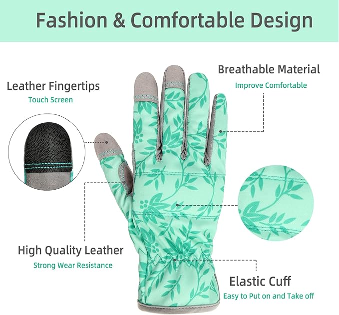 YRTSH Leather Gardening Gloves for Women, Flexible Breathable Garden Gloves, Thorn Proof Working Gloves for Weeding, Digging and Pruning, Green, X-Small Fit Small Hand