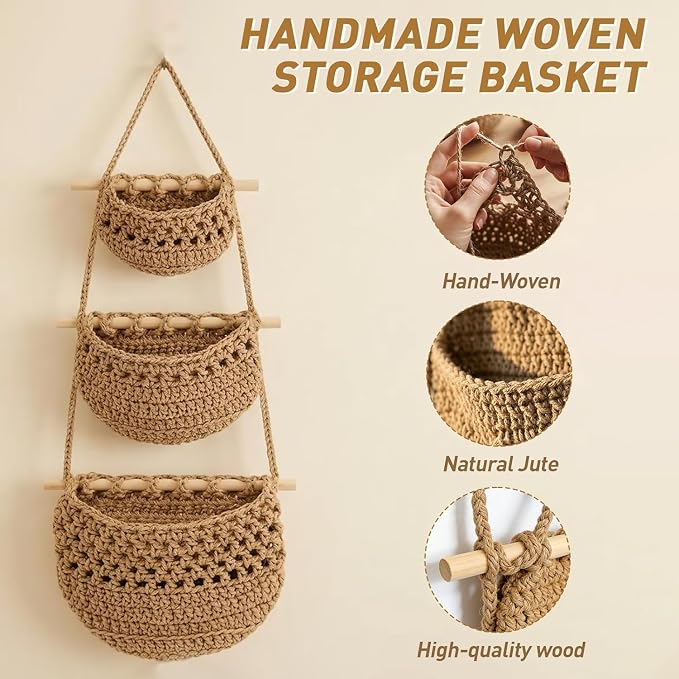 3 Tier Cotton Woven Wall Hanging Fruit Basket, 35.4 Inch