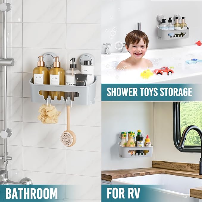 TAILI Shower Caddy Suction Cup, Bathroom Organizer Shelf Grey | Heavy Duty, Removable Inside Shower, Shampoo, Waterproof Plastic Storage, Rustproof Accessories