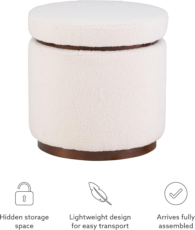 Linon Lexington Natural Sherpa Round Storage Ottoman with Wood Accent
