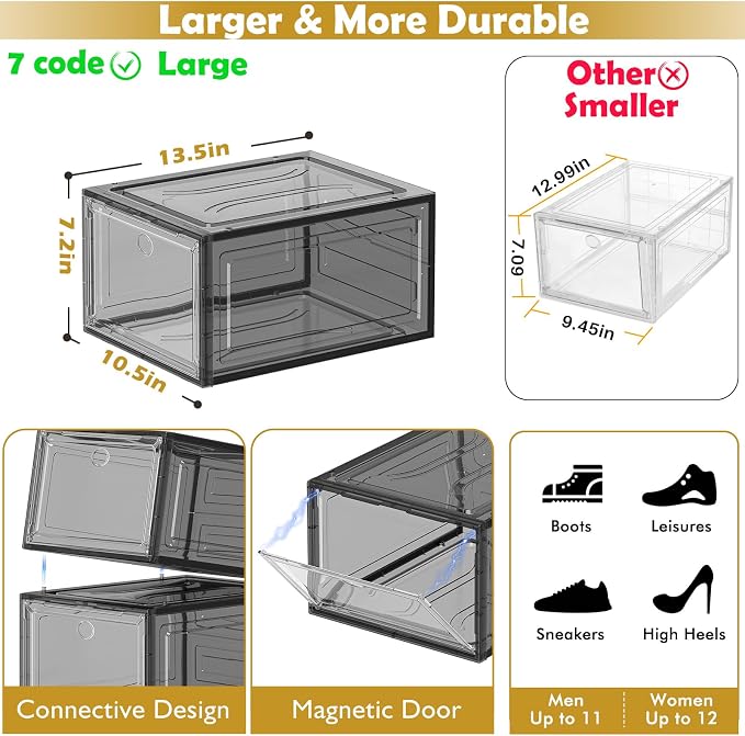 Sturdy Clear Shoe Organizer with Magnetic Door, Stackable Shoe Storage Box