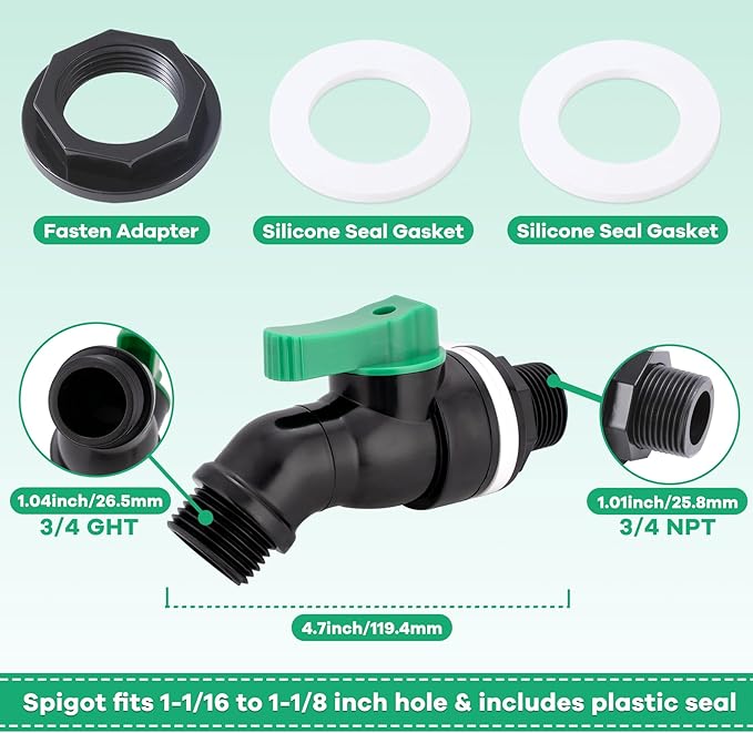 Plastics Rain Barrel Spigot, High Flow Valve Core, Large Flow Water Tank Faucet,Plastic Spigot for 5 Gallon Bucket，3/4 NPT Inlet x 3/4 GHT Outlet Bulkhead Valve for Outdoor Plastic Bucket