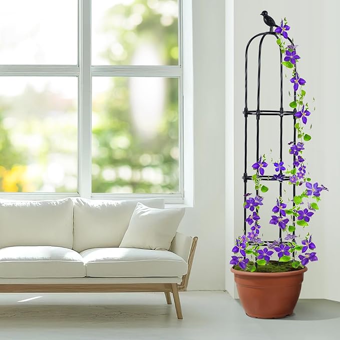 Lalahoni Garden Obelisk Trellis for Climbing Plants Outdoor, 6ft Round Rose Trellis for Pots, Metal Plant Support for Clematis, Jasmine, Ivy, Decorative Outdoor Trellis, Black, 1 Pack
