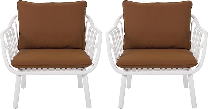 Christopher Knight Home Set of 2 Huron Indoor/Outdoor Polypropylene and Iron Frame Club Chairs, Patio Conversation Seating/Armchair for Garden, Backyard, Poolside, Removable Cushions, White+Brown