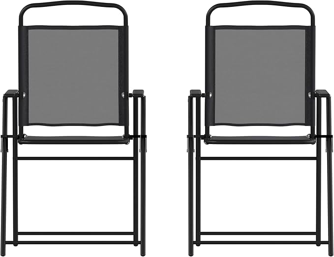 Flash Furniture Mystic Folding Patio Sling Chairs, Outdoor Textilene Lawn Chairs with Armrests, Set of 2, Black