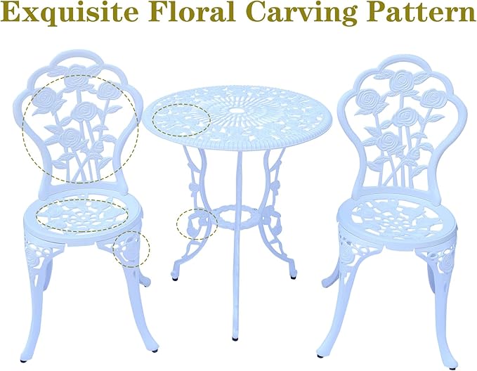 3-Piece Cast Aluminum Outdoor Bistro Set, Outdoor Table and Chairs Set of 2 with Umbrella Hole for Patio Garden Park(White, Rose)