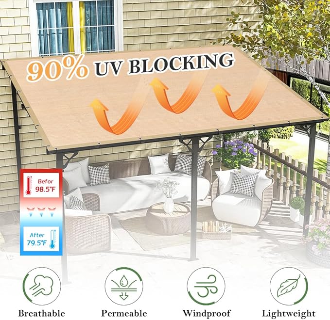 SEEYE 90% Sun Shade Cloth, 6 x 10 FT Durable Privacy Screen Shade Cover, Pergola Shade Cover with Grommets, UV Block Mesh Tarp for Plant Cover, Greenhouse, Patio, Chicken Coop, Balcony, Wheat
