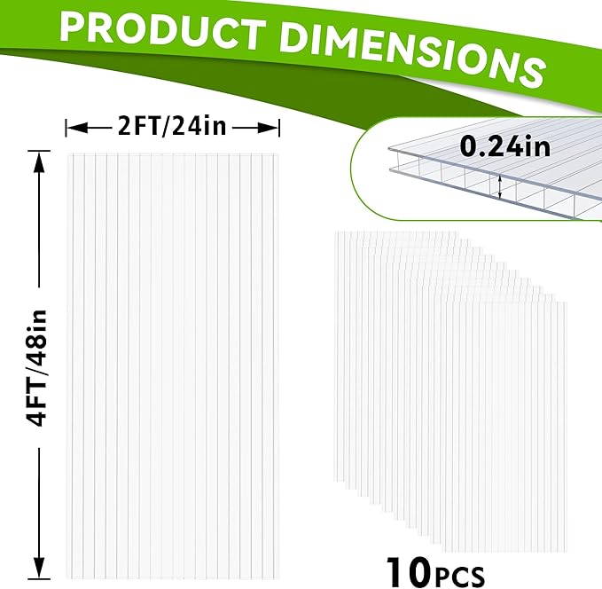 10 Pcs Polycarbonate Greenhouse Panels, 4’ x 2’ x 0.24” Polycarbonate Sheet, Twin-Wall Plastic Panels for DIY Cold Frame & Pergola Roof, Window, Wall