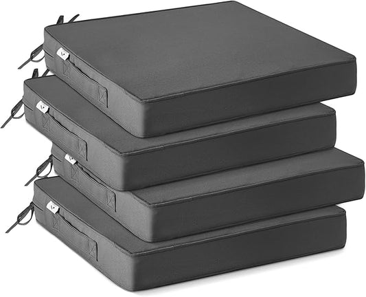 IPYNBAP Outdoor Chair Cushions Set of 4,Waterproof Outdoor Seat Cushions for Patio Furniture,Patio Chair Cushion with Handle and Ties, Square Out Door Chair Pads,19" x 19" x 3", Darkgrey
