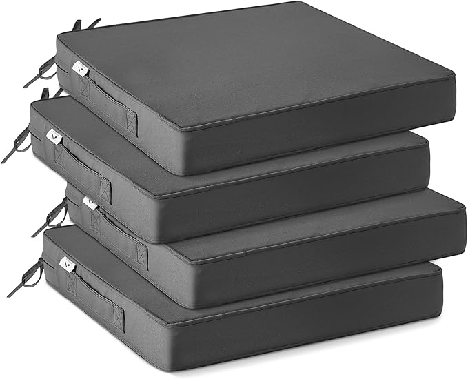 IPYNBAP Outdoor Chair Cushions Set of 4,Waterproof Outdoor Seat Cushions for Patio Furniture,Patio Chair Cushion with Handle and Ties, Square Out Door Chair Pads,17" x 16" x 2", Dark Grey