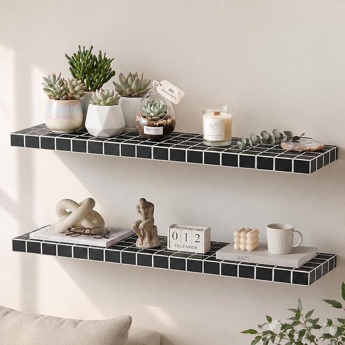 ZttRiee Large Floating Shelves, Set of 2, Modern, Black with White Lines