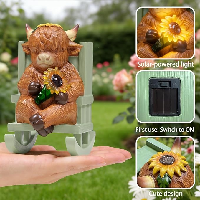 Sheaifun Solar Garden Statues Highland Cow Garden Decor Resin Highland Cow Statue with Light Animal Figurine Outdoor Yard Patio Lawn Decoration Housewarming Gardening Gifts for Women 3.5 * 5 * 6.5 in