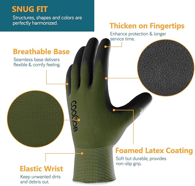 COOLJOB Gardening Gloves for Men, 6 Pairs Breathable Rubber Coated for Garden Weeding Landscaping, Outside Work for Lawn Yard, Men's Xlarge Size, Black & Green