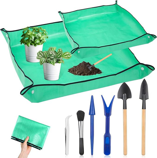 Plant Repotting Mat for Garden, 2 Pcs Waterproof Potting Mat Foldable Indoor Plant Mats Portable Square Gardening Mat Potting Tray with 6 Pcs Mini Garden Tools Set for Plant Lovers Gardening Gifts