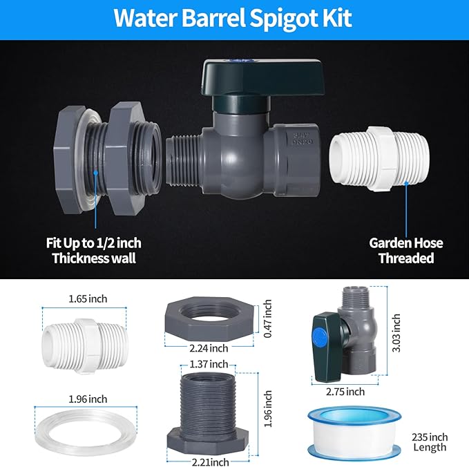 Suswillhit Rain Barrel Spigot Kit - Water Barrel PVC Garden Diverter Kit with Bulkhead Fitting Hose Faucet Adapter and Thread Seal Tape for Water Tanks, Aquariums, Tubs, Pools, Garden Barrels(1 Pack)