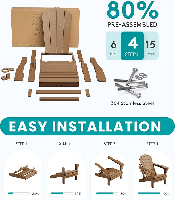 SERWALL Folding Adirondack Chair Set of 6, Wooden Textured Lawn Chair with Cup Holder for Patio Garden Weather Resistant Outdoors Fire Pit Chairs- Brown